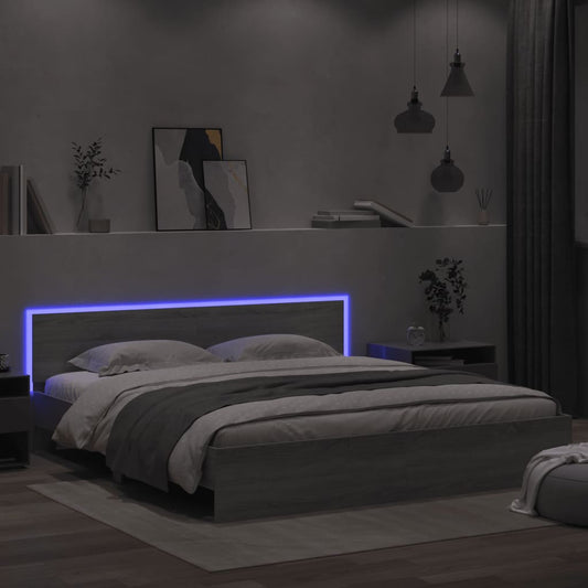 gultas rāmis ar galvgali un LED, pelēka ozola krāsa, 200x200 cm
