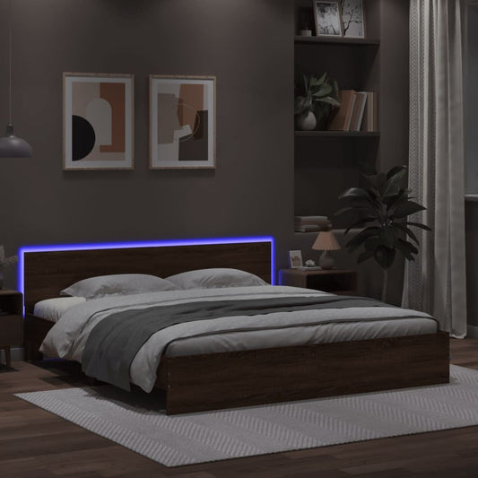 gultas rāmis ar galvgali un LED, brūna ozola, 200x200 cm