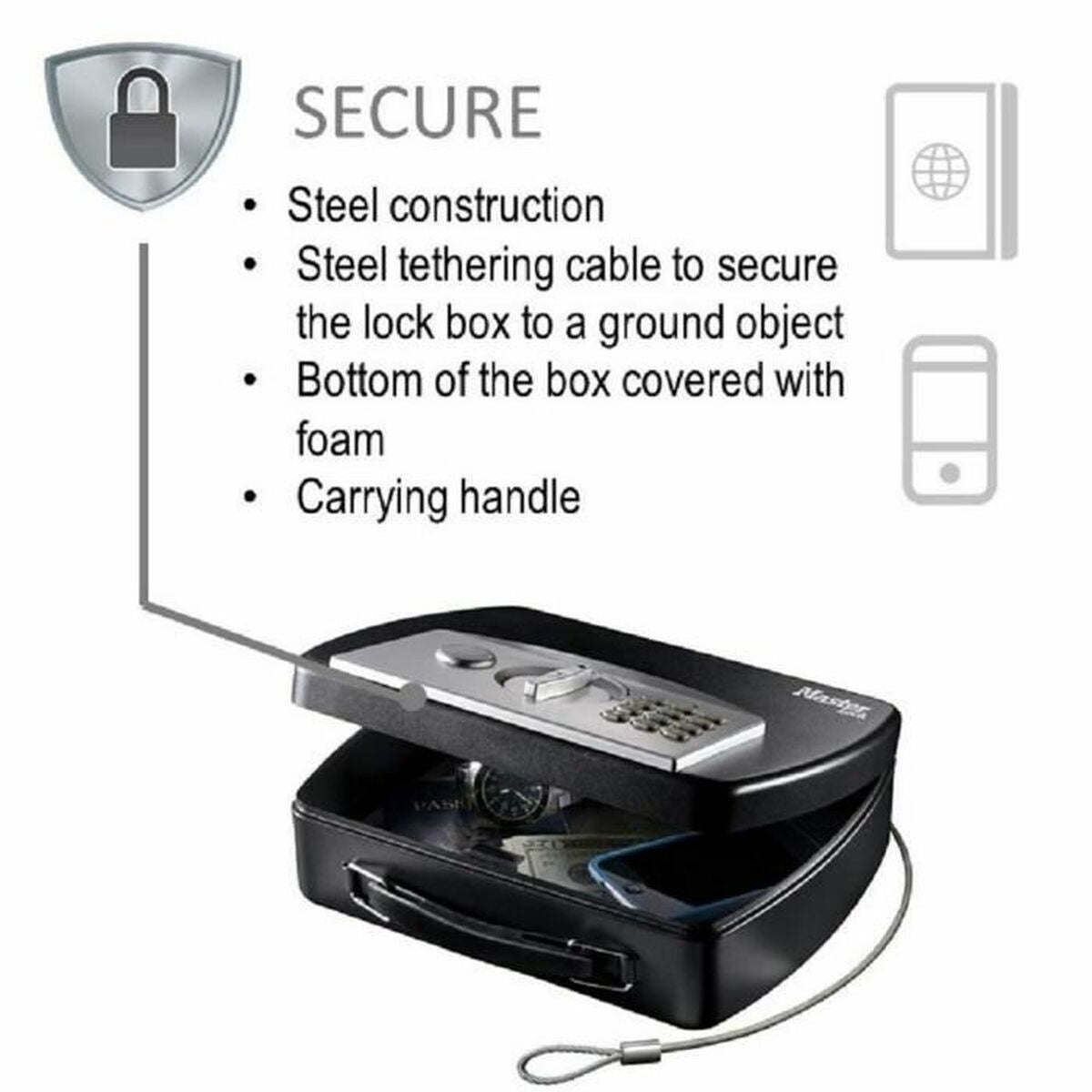 Portable Safe Box with Security Cable Master Lock Black Steel