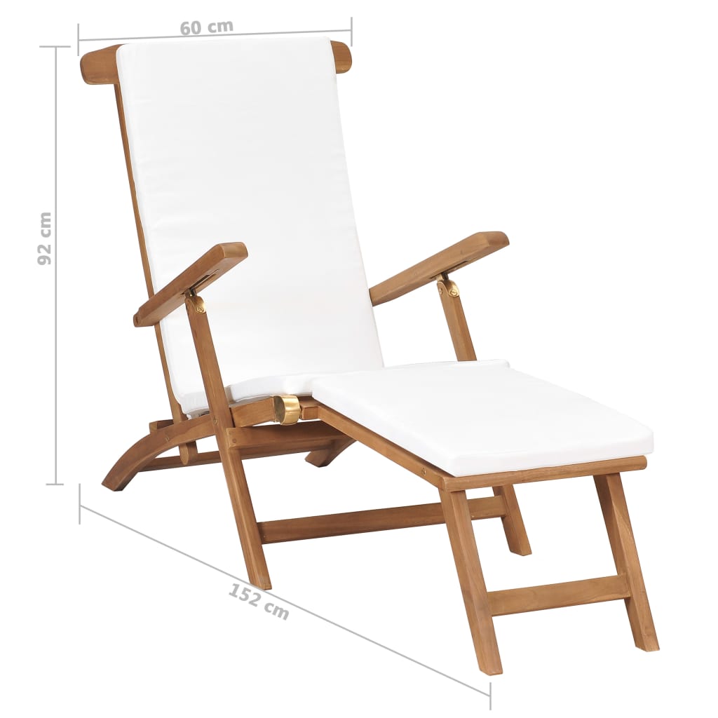 pludmales krēsls ar matraci, masīvs tīkkoks, krēmkrāsā