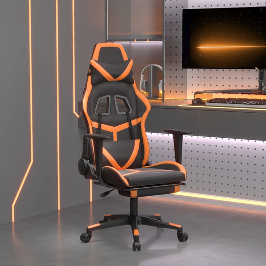 vidaXL masāžas datorkrēsls ar kāju balstu, melna, oranža mākslīgā āda