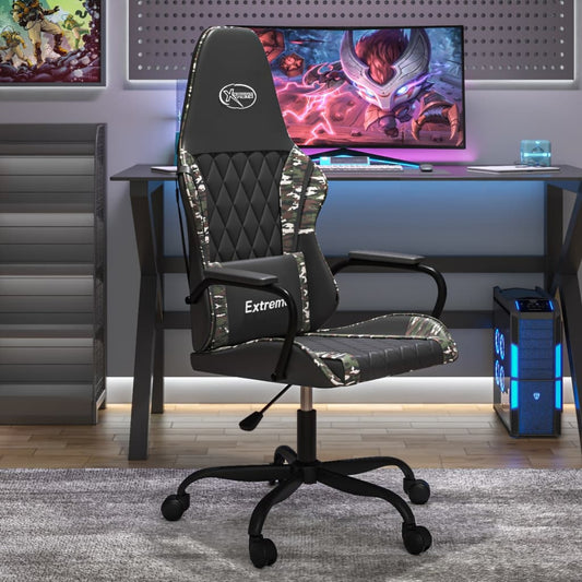 vidaXL masāžas datorspēļu krēsls, melna un kamuflāžas mākslīgā āda