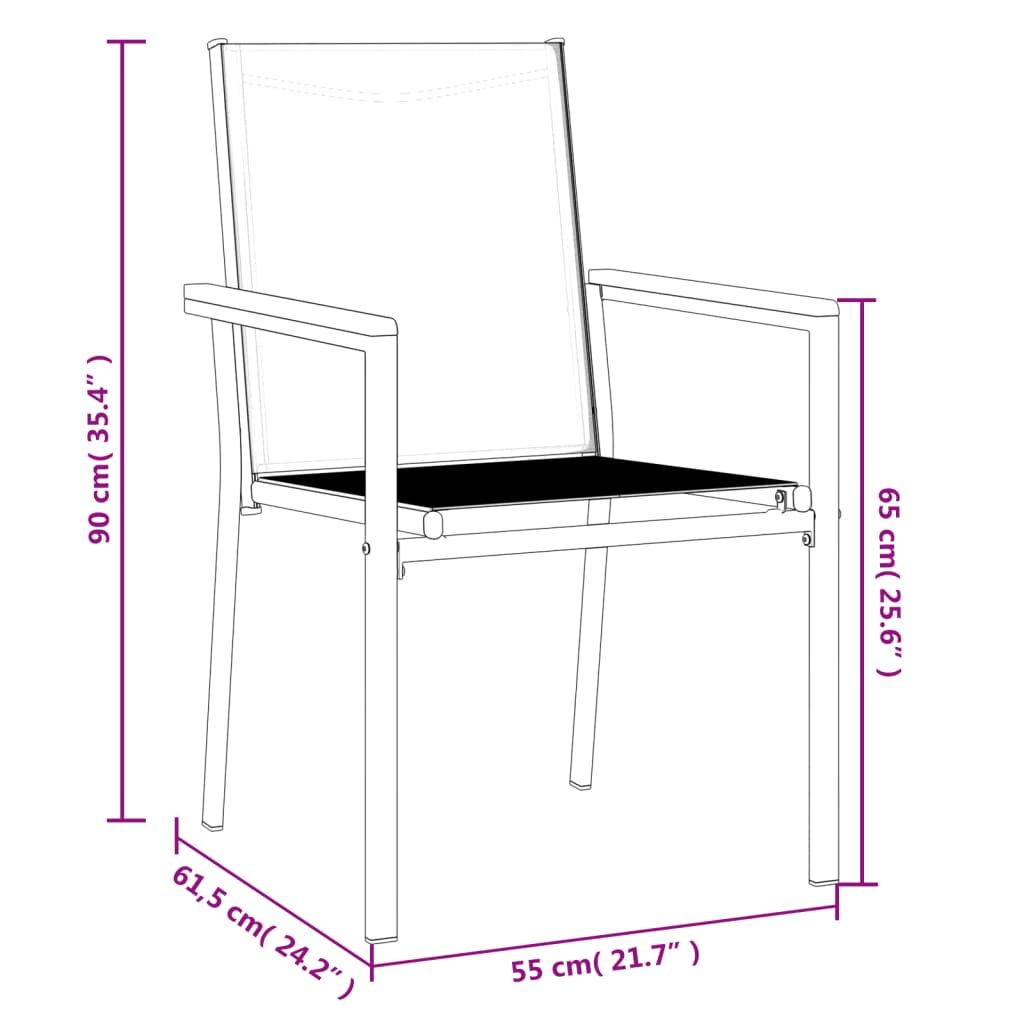 dārza krēsli, 2 gb, 55x61,5x90 cm, tekstilēns un tērauds, melni