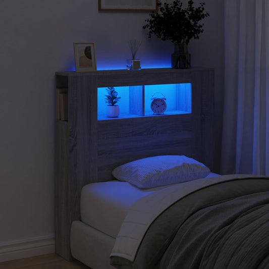 gultas galvgalis ar LED, pelēka ozola, 100x18,5x103,5 cm, koks