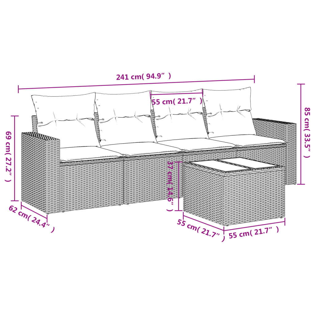 5-daļīgs dārza dīvāna komplekts ar matračiem, PE rotangpalma