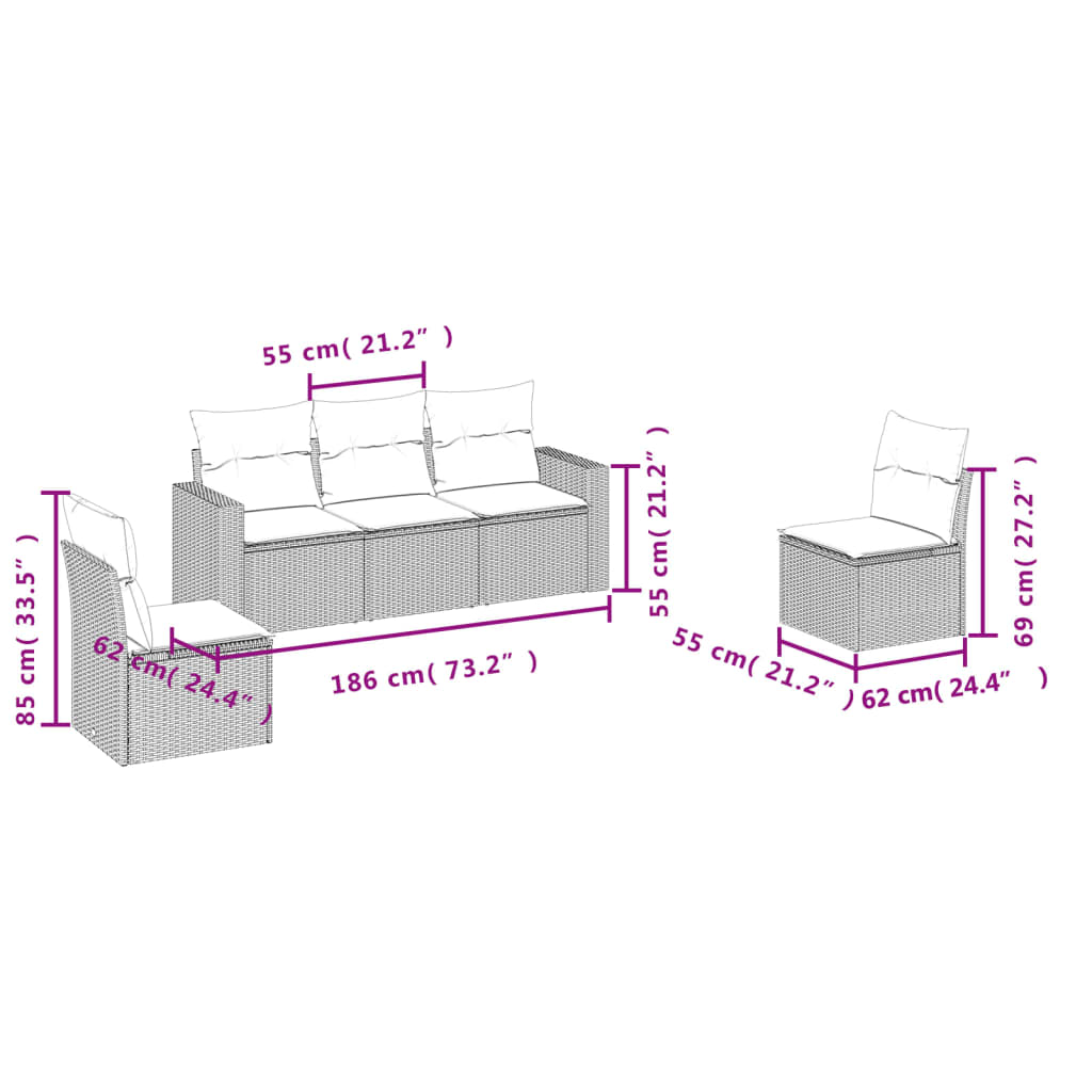 5-daļīgs dārza dīvānu komplekts, matrači, brūna PE rotangpalma
