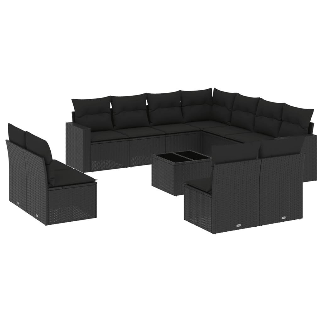 12-daļīgs dārza dīvānu komplekts, matrači, melna PE rotangpalma