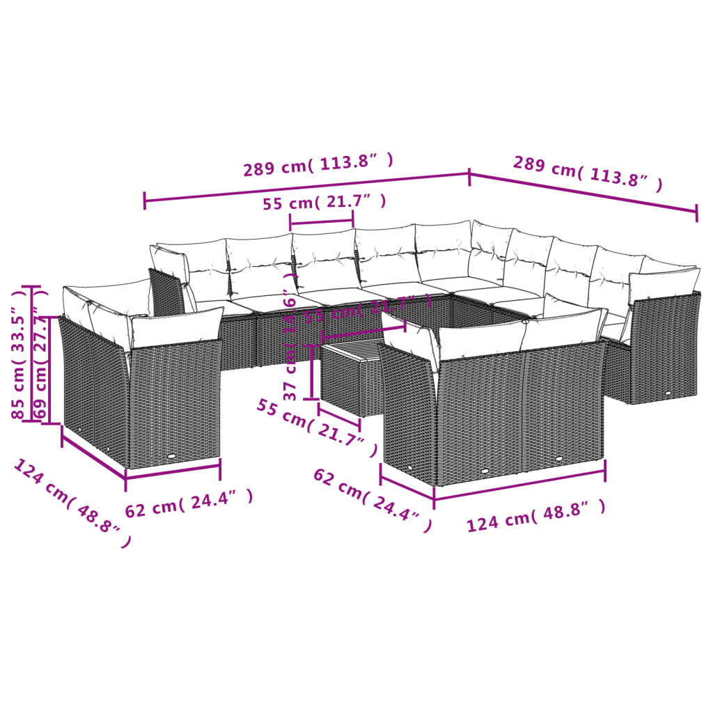 vidaXL 14-daļīgs dārza dīvānu komplekts, matrači,pelēka PE rotangpalma