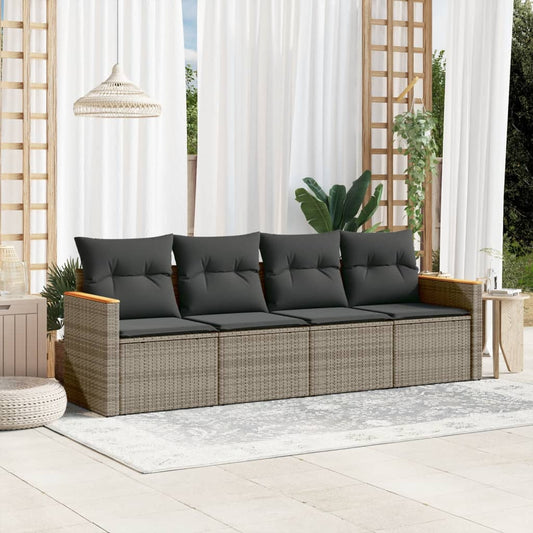 vidaXL 4-daļīgs dārza dīvāna komplekts ar matračiem, pelēks PE pinums