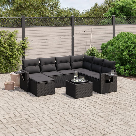 vidaXL 8-daļīgs dārza dīvāna komplekts, matrači, melna PE rotangpalma