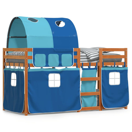 bērnu gulta ar aizkariem, zila, 75x190 cm, priedes masīvkoks