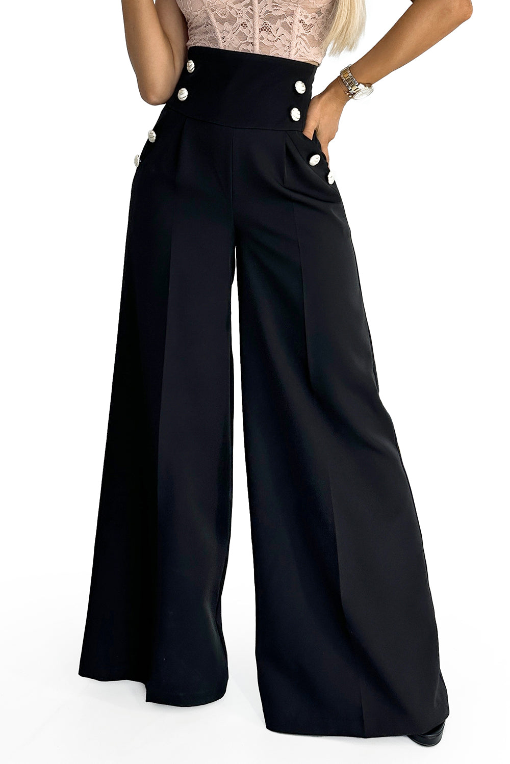 18341-8-496-1 Elegant wide pants with high waist and golden buttons - black-8
