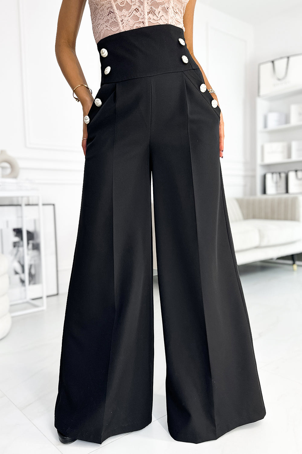 18341-2-496-1 Elegant wide pants with high waist and golden buttons - black-2