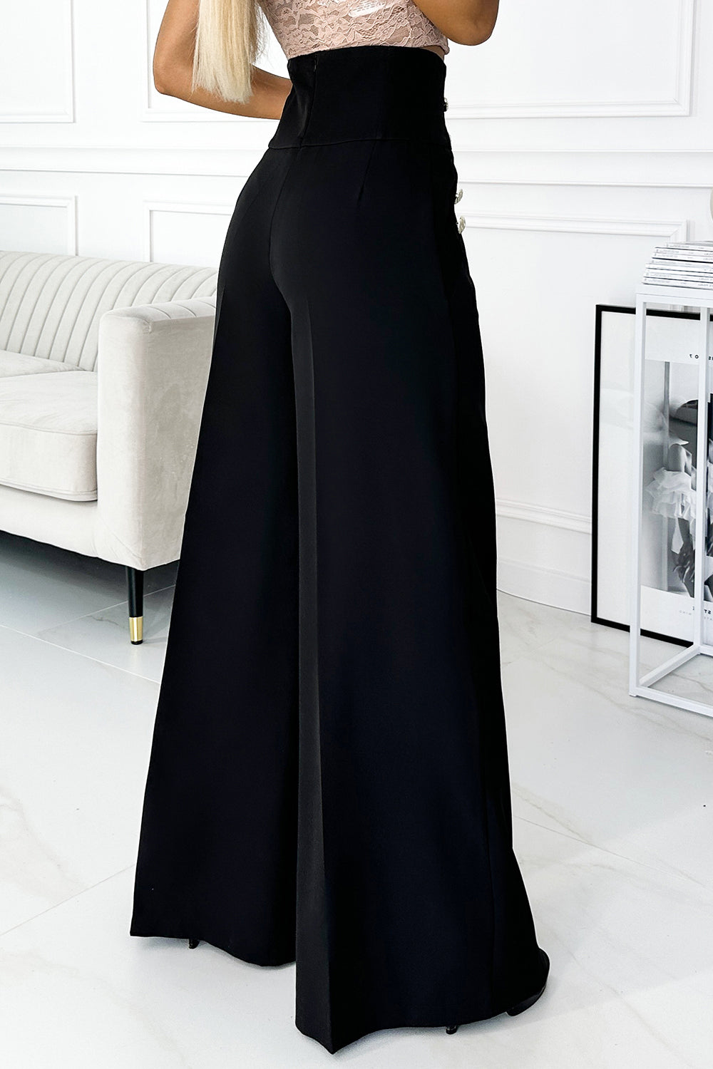 18341-5-496-1 Elegant wide pants with high waist and golden buttons - black-5