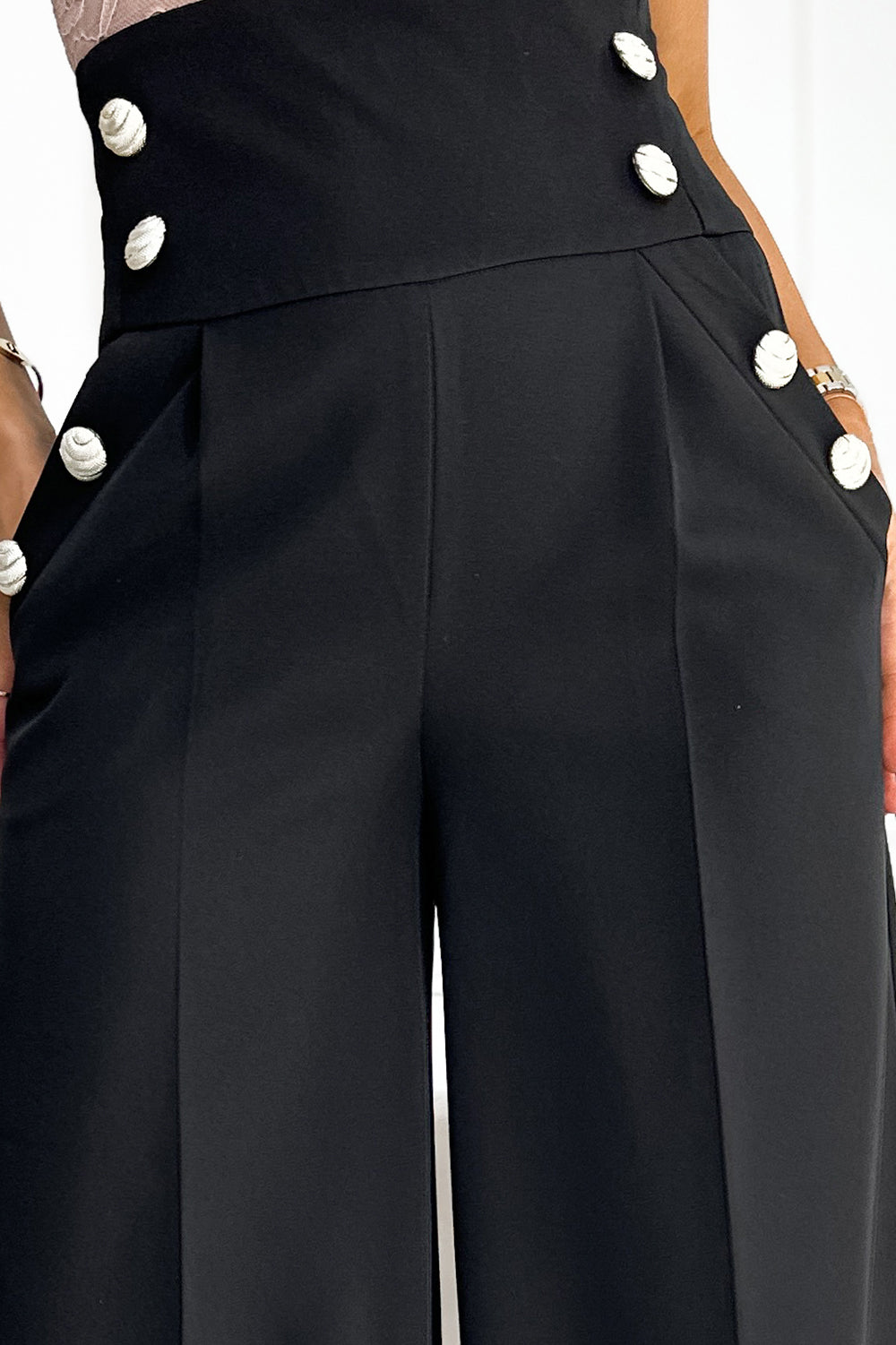 18341-6-496-1 Elegant wide pants with high waist and golden buttons - black-6