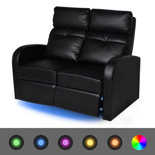 reclining lounge sofa with LED, two-seater, black artificial leather