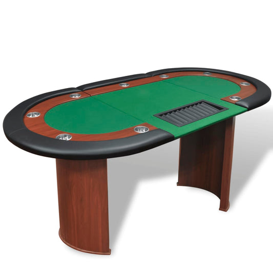 poker table for 10 persons with seat for dealer, chip tray, green