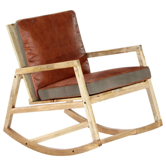šūpuļkrēsls, brūna dabīgā āda un mango masīvkoks