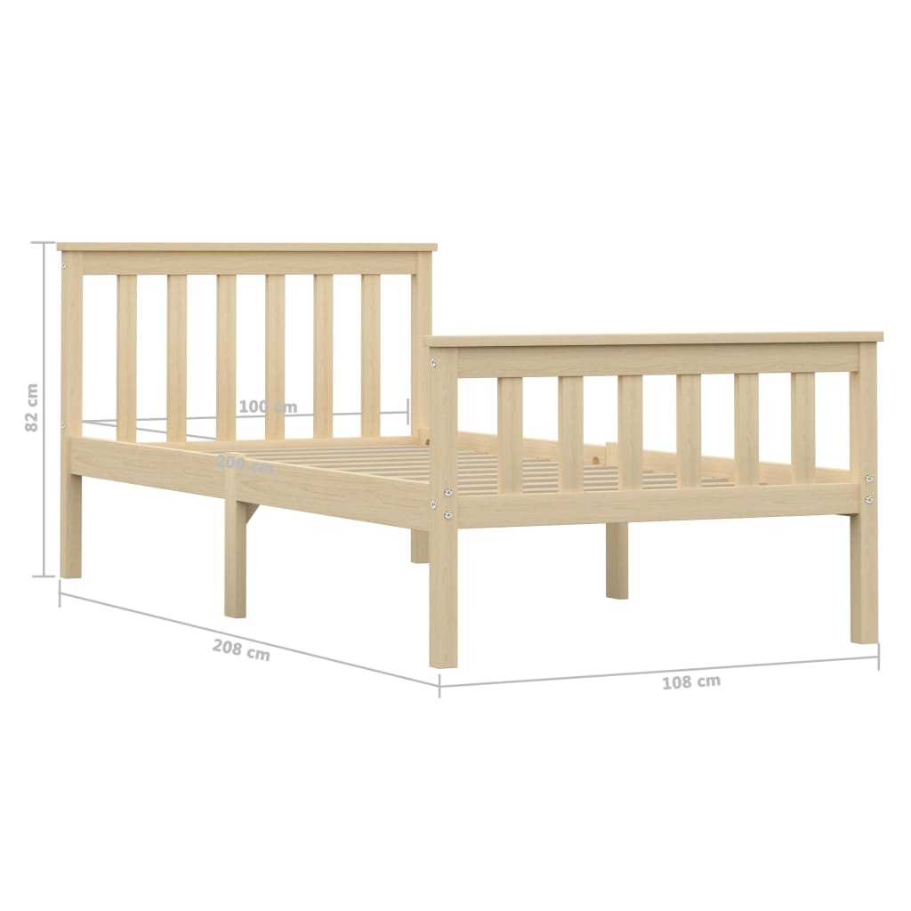 bed frame, light wood color, solid pine wood, 100x200 cm