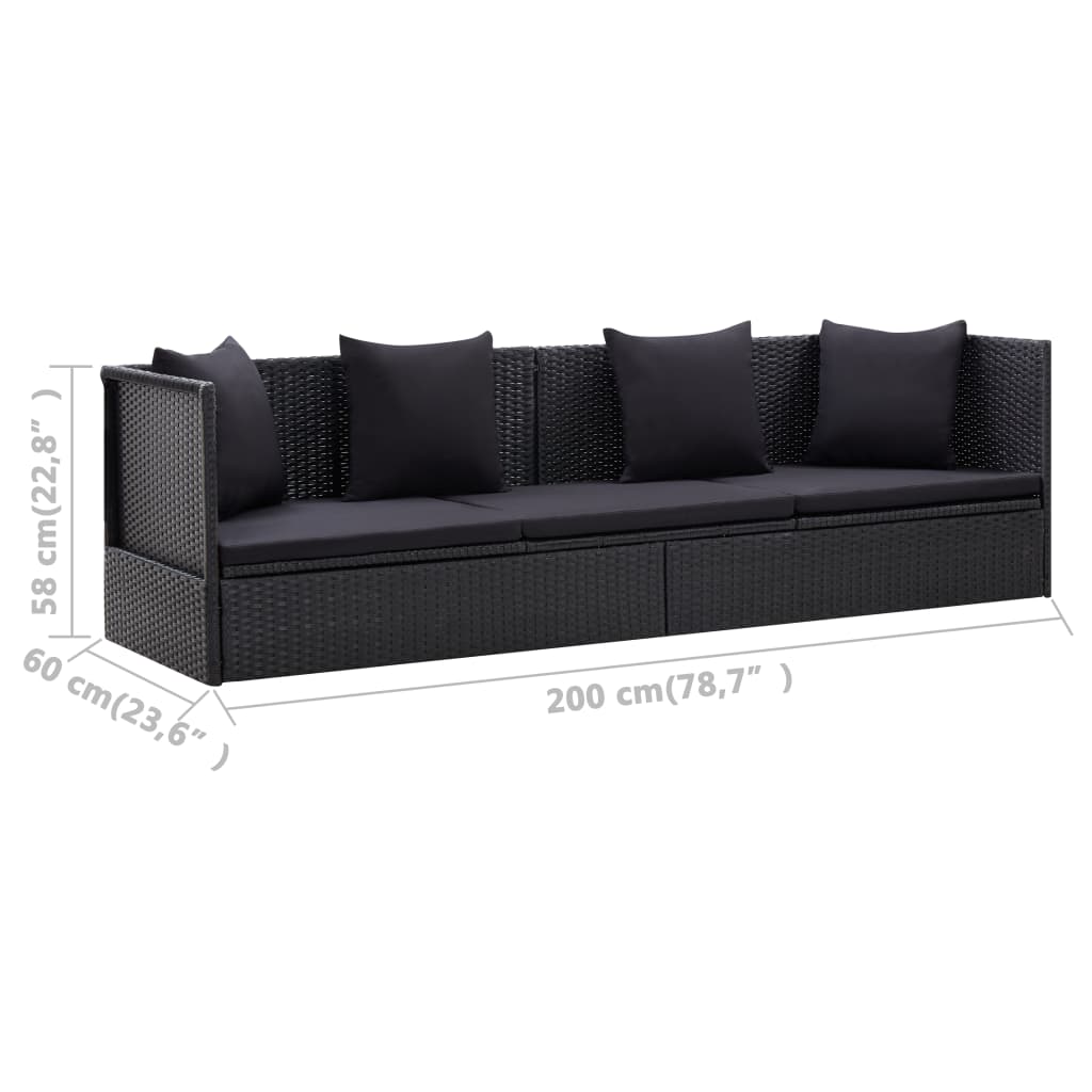 garden bed with mattresses and pillows, black PE rattan
