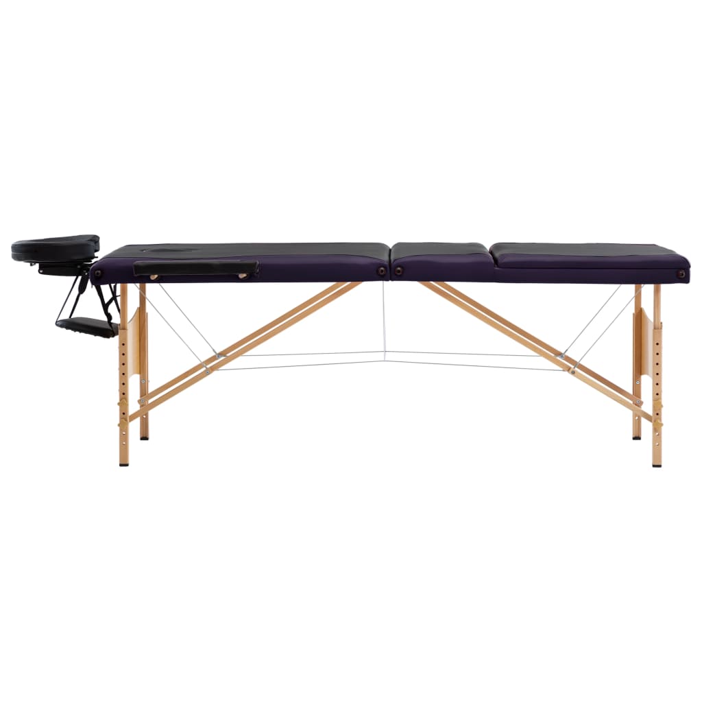 saliekams masāžas galds, 3 daļas, koks, melns ar violetu