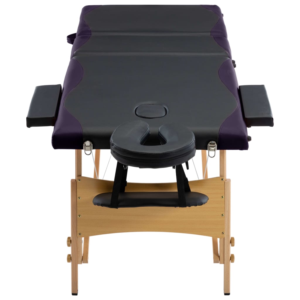 saliekams masāžas galds, 3 daļas, koks, melns ar violetu