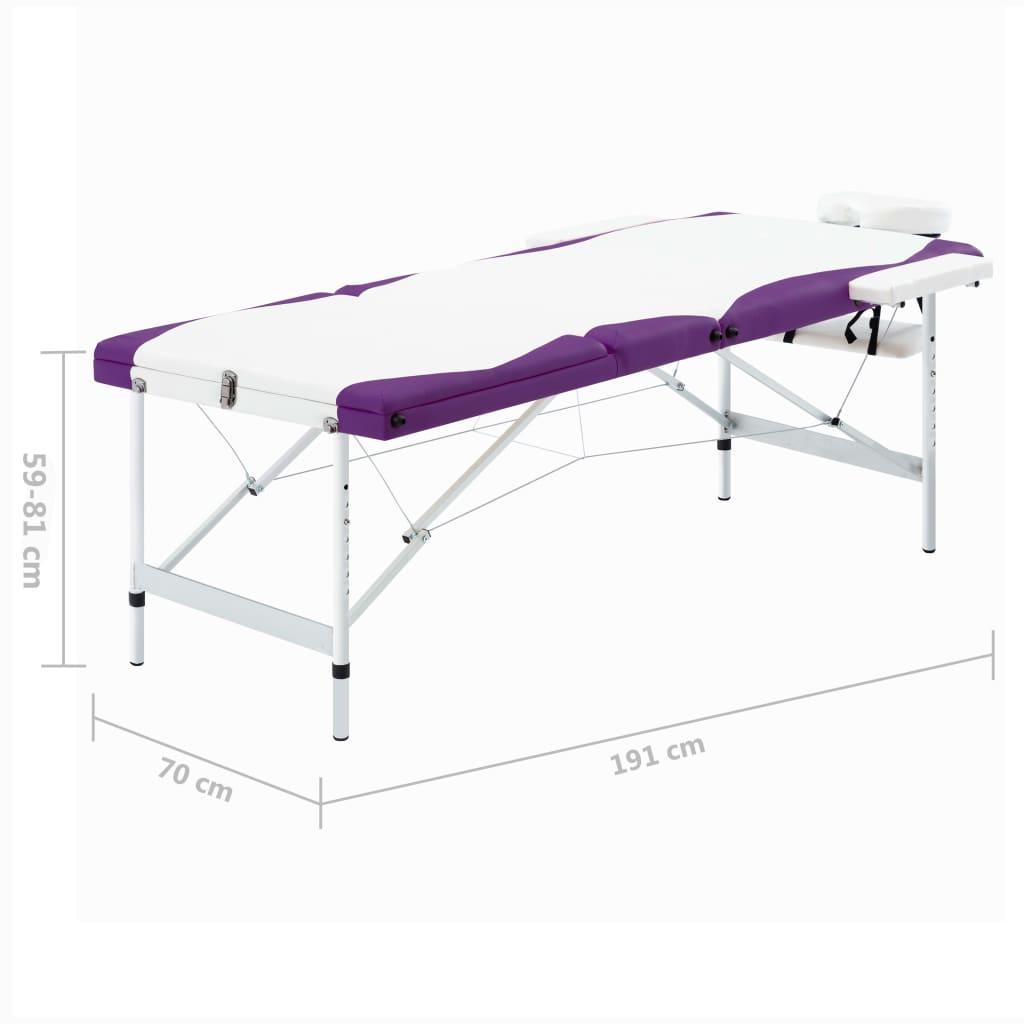 saliekams masāžas galds, 3 daļas, alumīnijs, balts ar violetu - amshop.lv