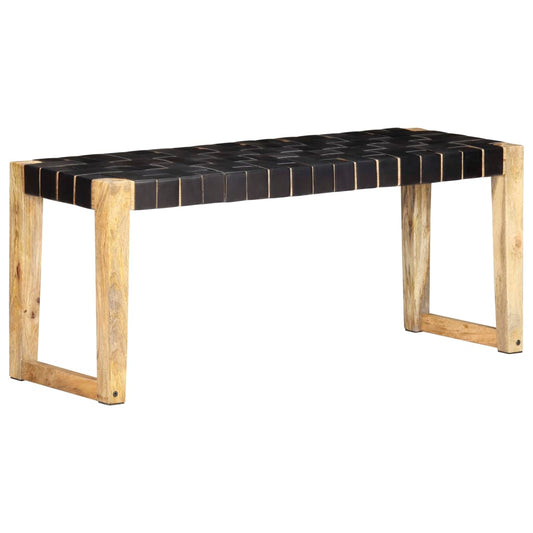 bench, 110 cm, black natural leather, solid mango wood