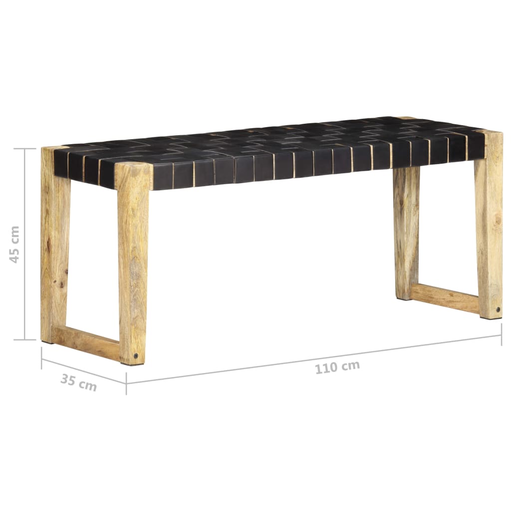 bench, 110 cm, black natural leather, solid mango wood