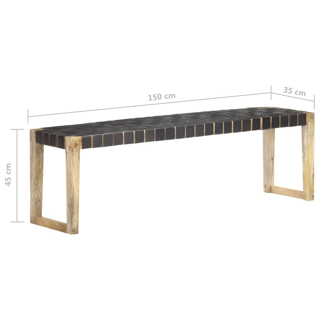 bench, 150 cm, black natural leather, solid mango wood