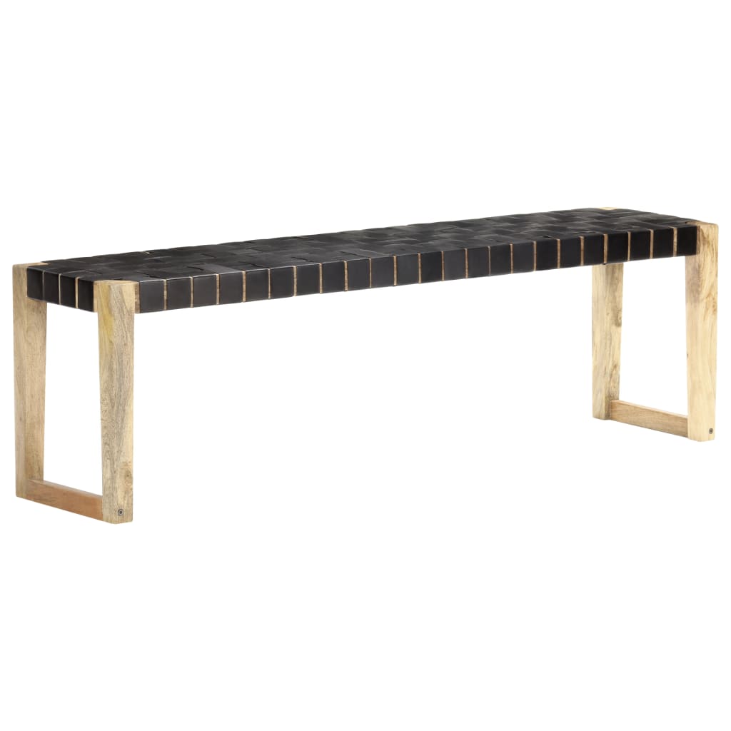 bench, 150 cm, black natural leather, solid mango wood