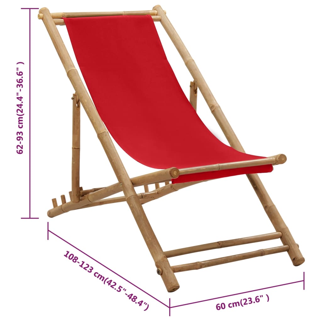 pludmales krēsls, bambuss un sarkans audekls