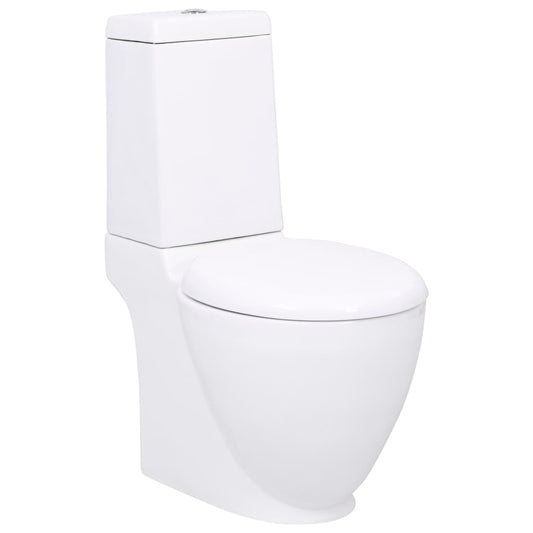toilet bowl, round, white ceramic, water flows at the bottom