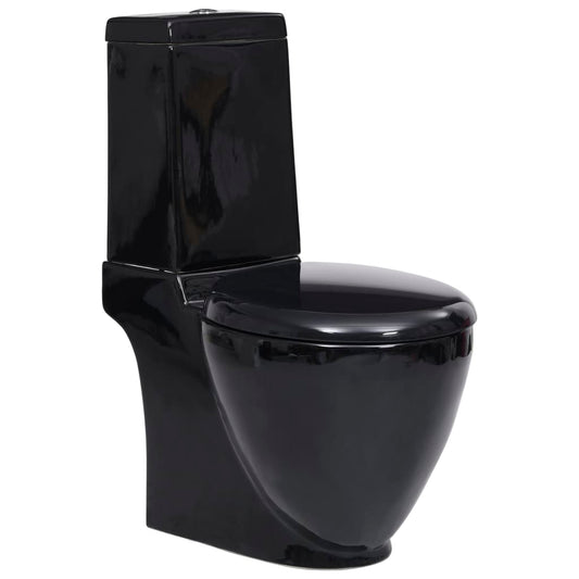 toilet bowl, round, black ceramic, water flows at the bottom