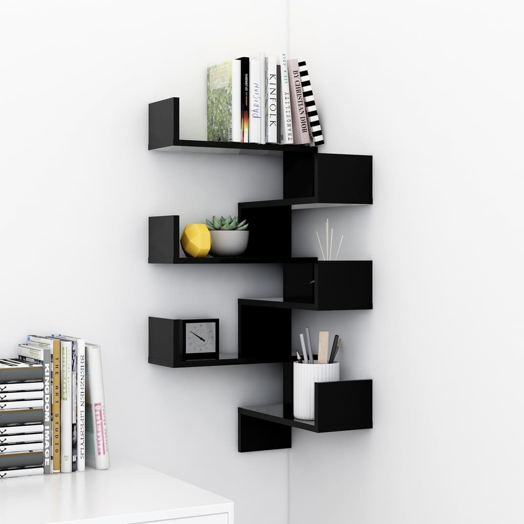 wall corner shelves, 2 pcs., black, 40x40x50 cm, chipboard