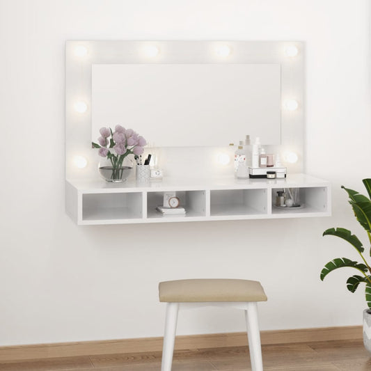 spoguļskapītis ar LED, spīdīgi balts, 90x31,5x62 cm