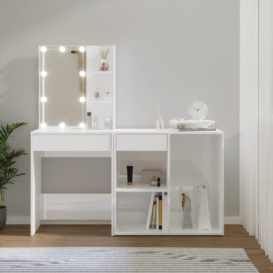 mirror table with cabinet, LED, glossy white engineered wood