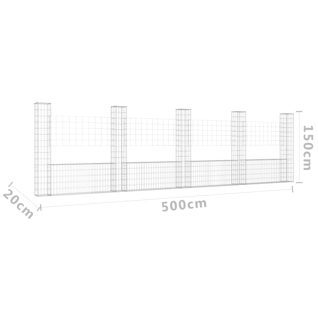 gabion wall with 5 posts, U-shape, iron, 500x20x150 cm