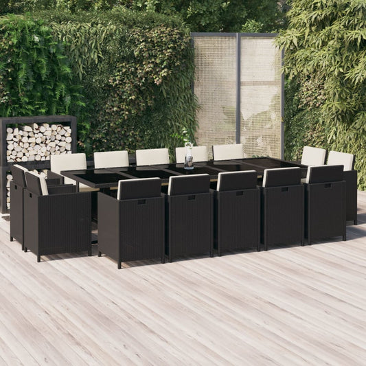 15-piece garden furniture set, mattresses, black PE rattan