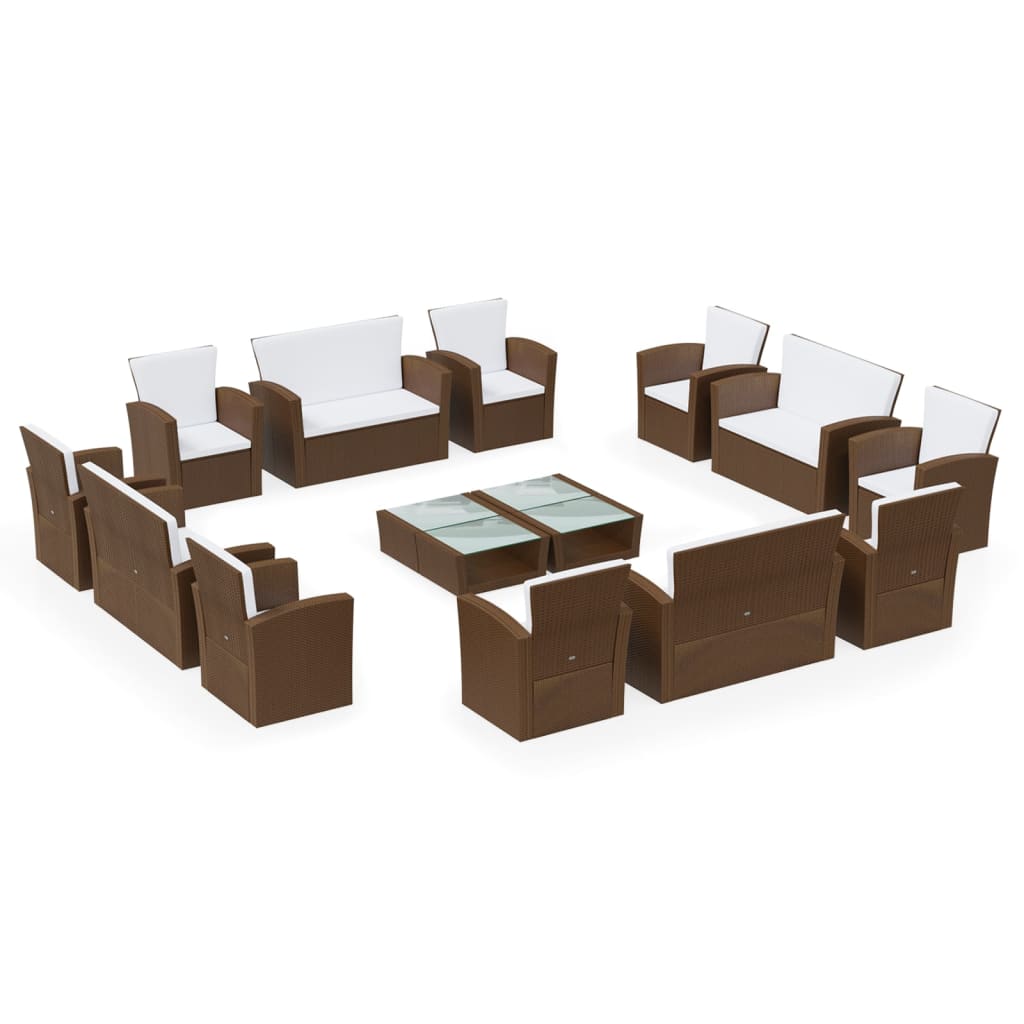 Комплект садовой мебели, 16 предметов, коричневый полиэтиленовый ротанг
