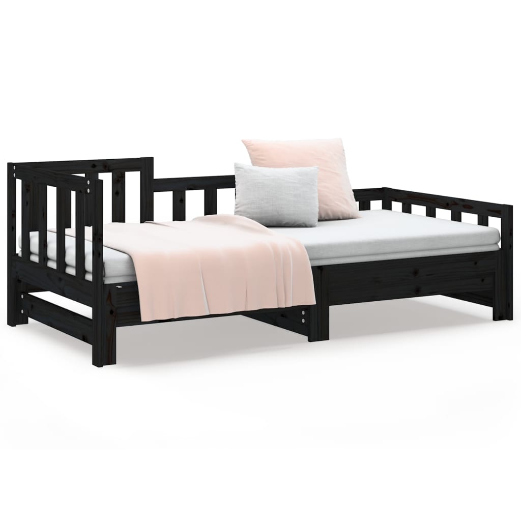 izvelkama gulta, melna, 2x(90x190) cm, priedes masīvkoks