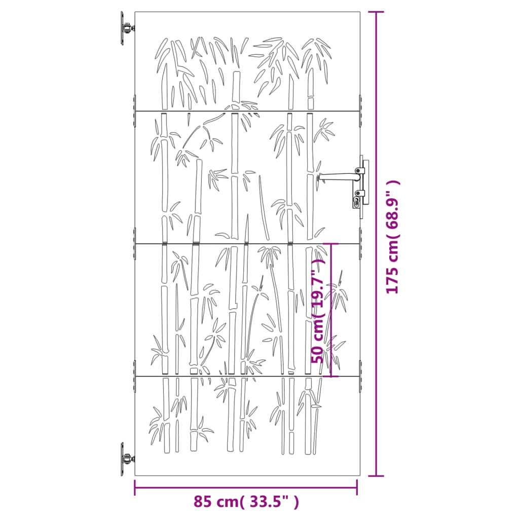 dārza vārti, 85x175 cm, tērauds, rūsas efekts, bambusa dizains