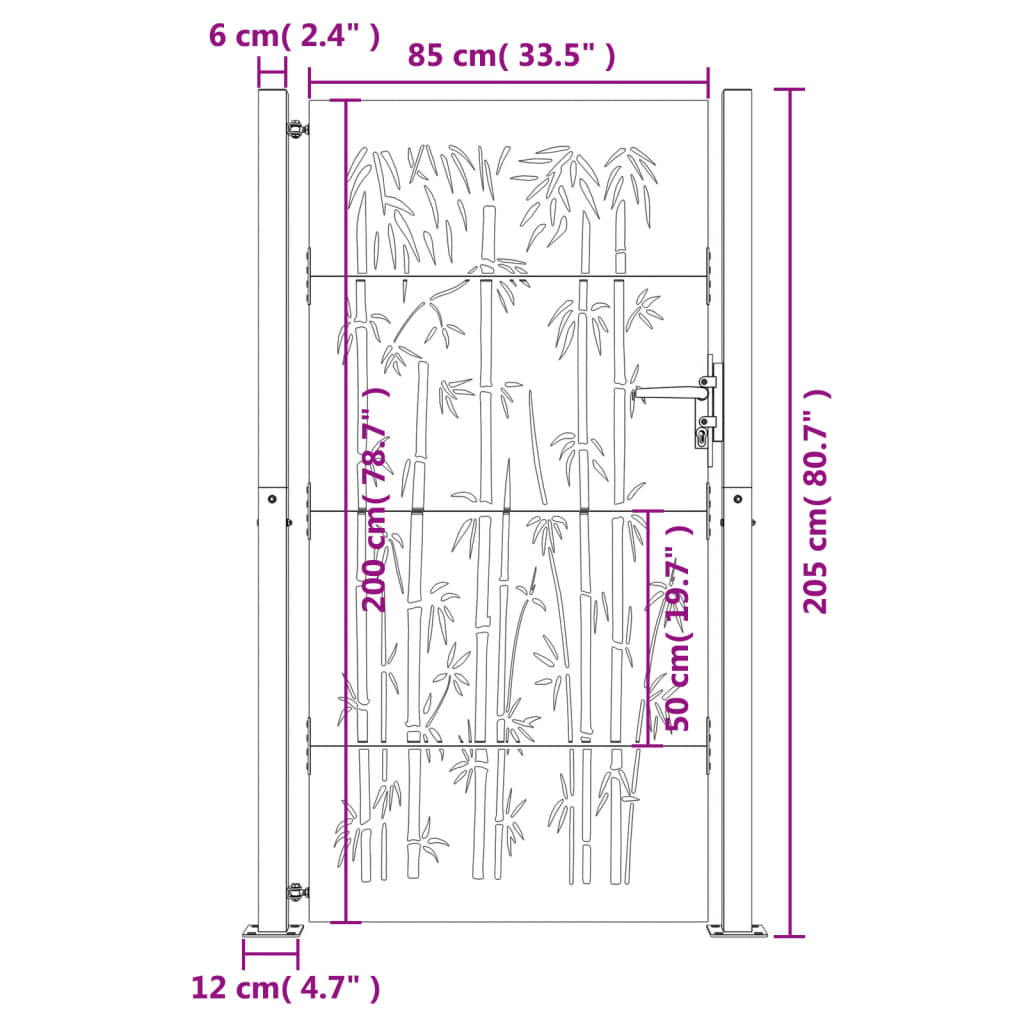 dārza vārti, 105x205 cm, tērauds, rūsas efekts, bambusa dizains