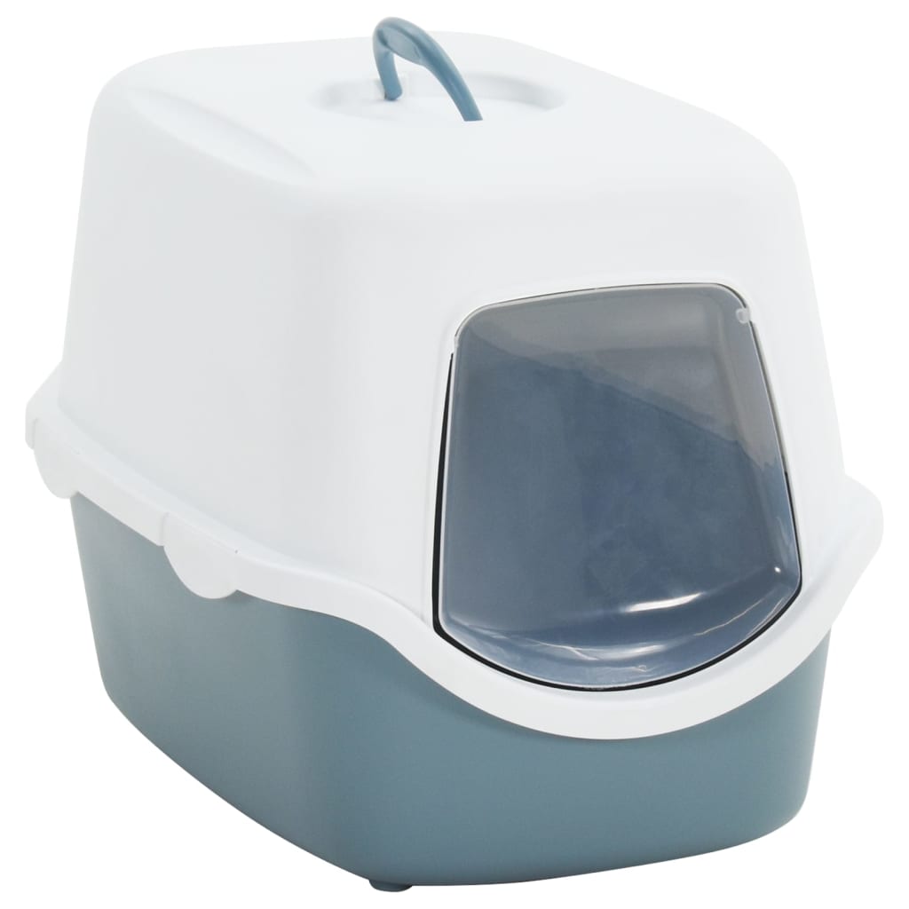cat litter box with lid, white, blue, 56x40x40 cm, PP