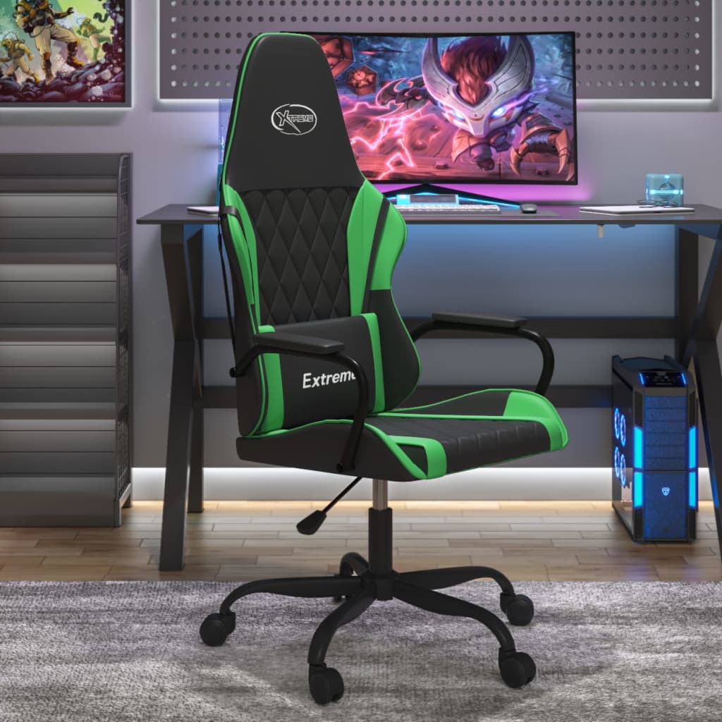 datorspēļu krēsls, melna un zaļa mākslīgā āda