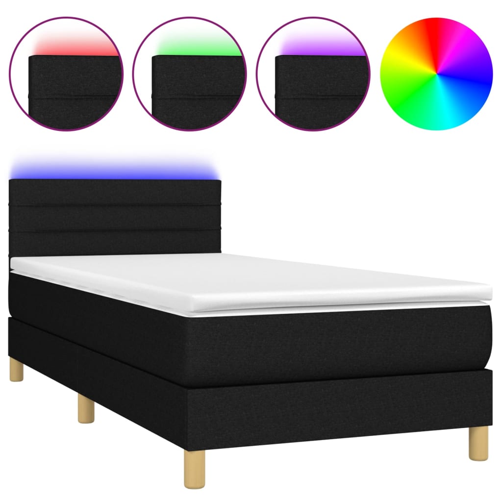 atsperu gulta ar matraci, LED, melns audums, 90x190 cm