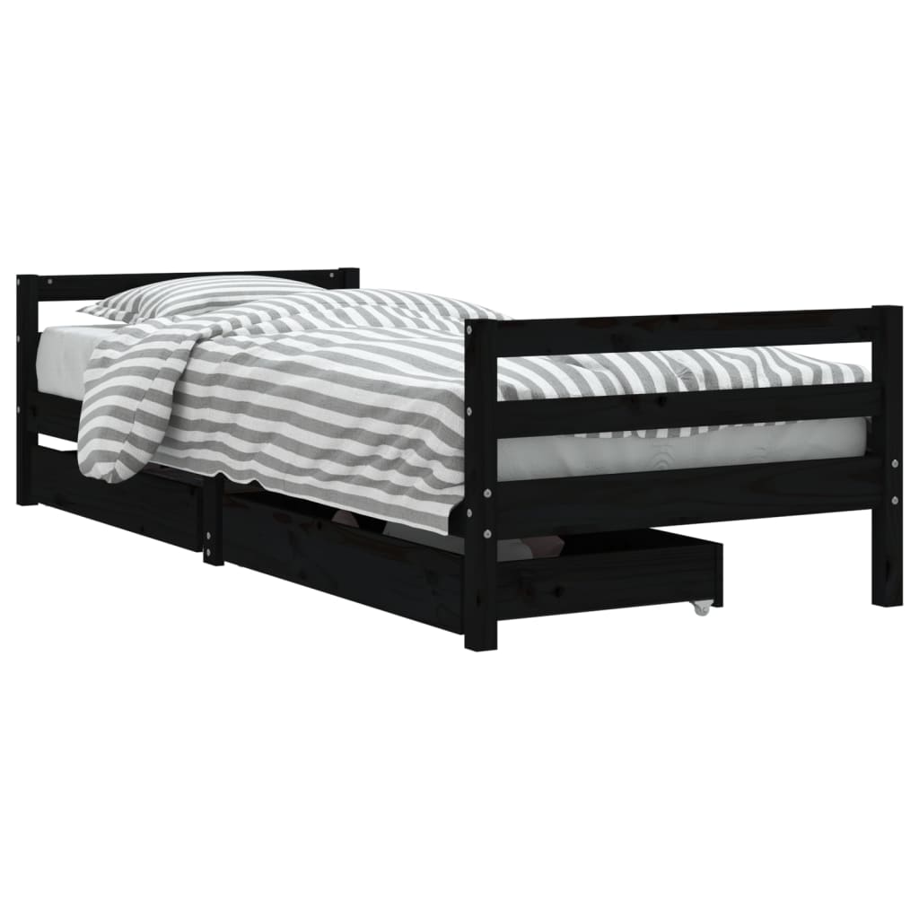 bērnu gultas rāmis ar atvilktnēm, melns, priedes masīvkoks