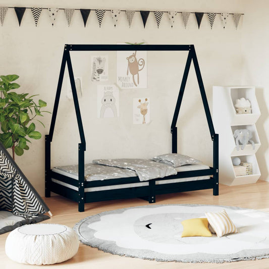 children's bed frame, black, 70x140 cm, solid pine wood