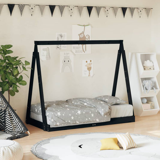 children's bed frame, black, 70x140 cm, solid pine wood