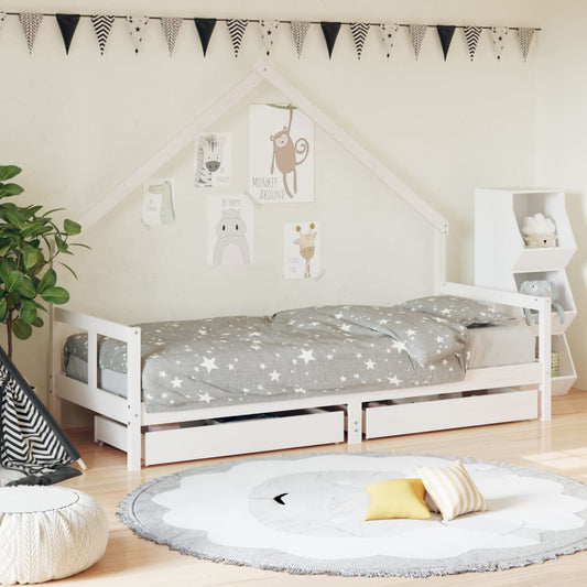 bērnu gultas rāmis ar atvilktnēm, balts, priedes masīvkoks